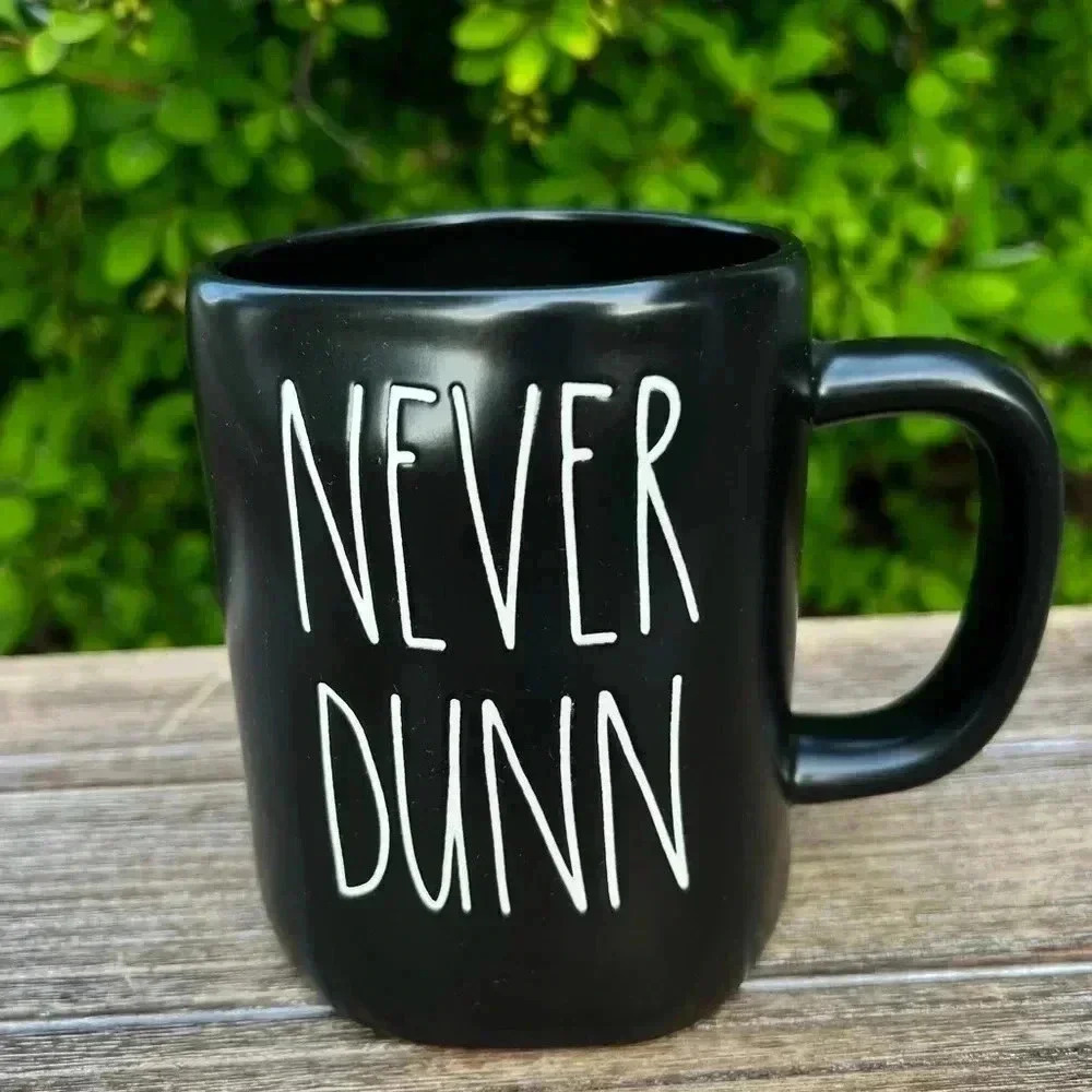 NEW Rae Dunn NEVER DUNN - Black ceramic coffee mug / Tea cup with white font